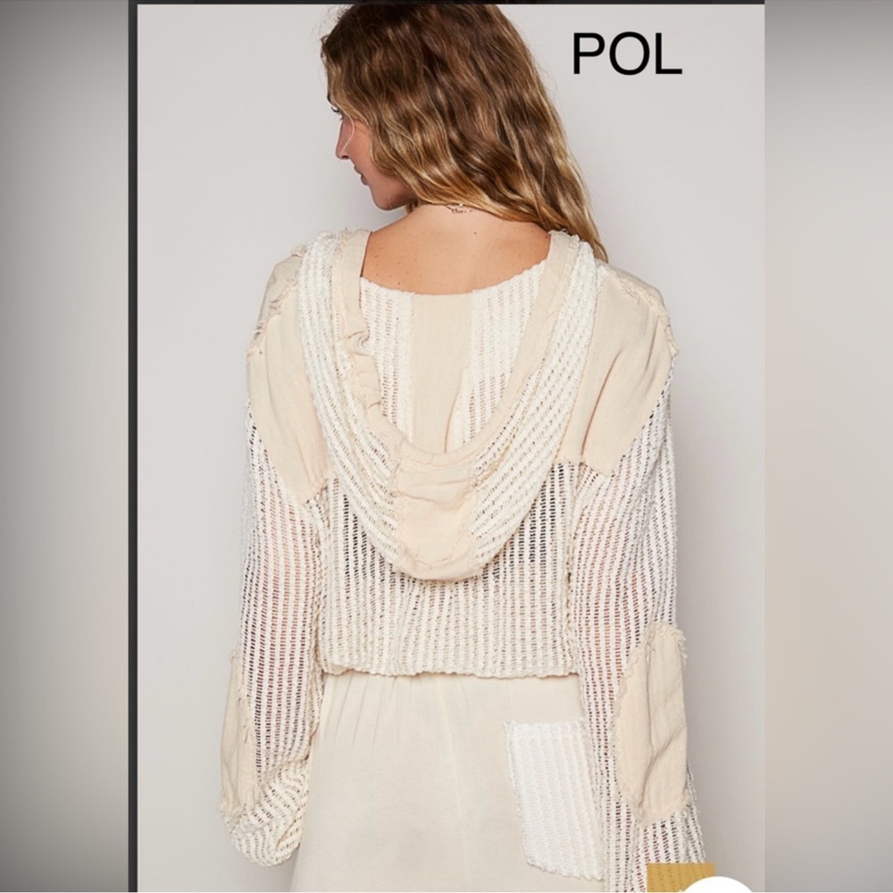 BB25. NWT POL Cream Mixed Media Sheer Mesh Button Front Hoodie - Picture 4 of 6